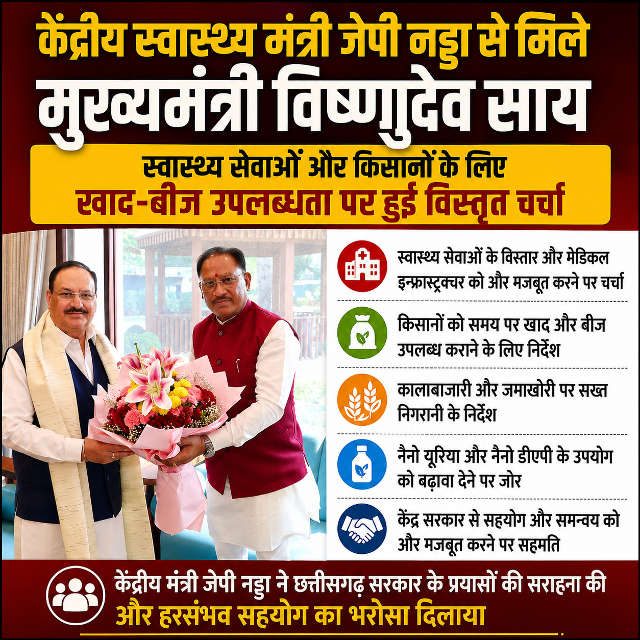 दिल्ली में CM विष्णुदेव साय की JP नड्डा से अहम मुलाकात, स्वास्थ्य सुविधाओं और किसानों के लिए बने बड़े प्लान