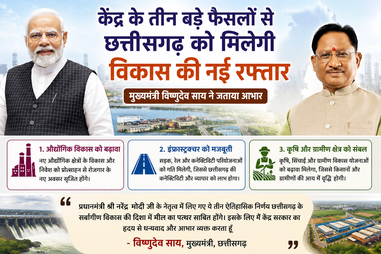 केंद्र के तीन बड़े फैसलों से छत्तीसगढ़ को मिलेगी विकास की नई रफ्तार, मुख्यमंत्री विष्णुदेव साय ने जताया आभार