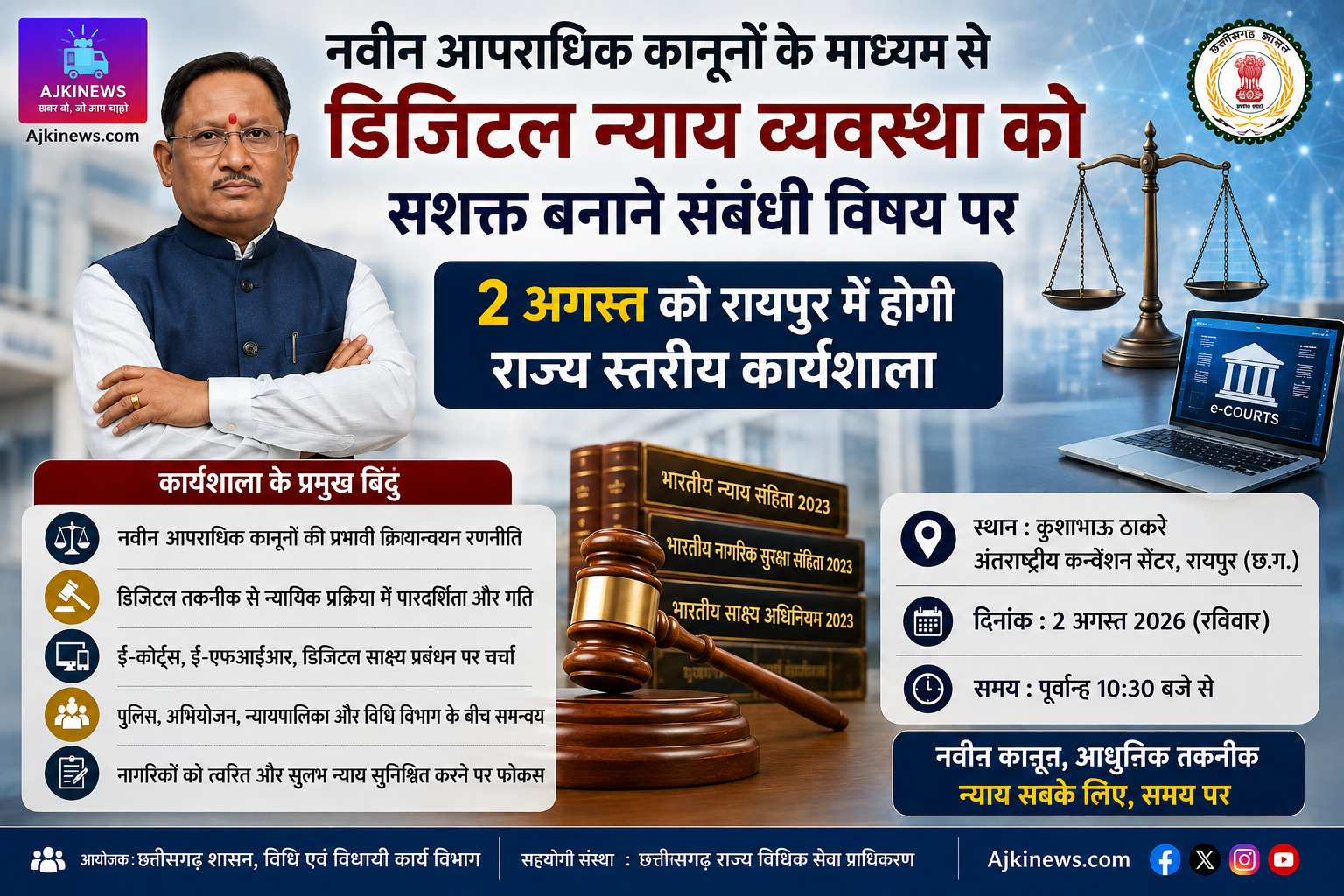 नवीन आपराधिक कानूनों के माध्यम से डिजिटल न्याय व्यवस्था को सशक्त बनाने संबंधी विषय पर 2 अगस्त को रायपुर में होगी राज्य स्तरीय कार्यशाला नवीन आपराधिक कानूनों के माध्यम से डिजिटल न्याय व्यवस्था को सशक्त बनाने संबंधी विषय पर 2 अगस्त को रायपुर में होगी राज्य स्तरीय कार्यशाला