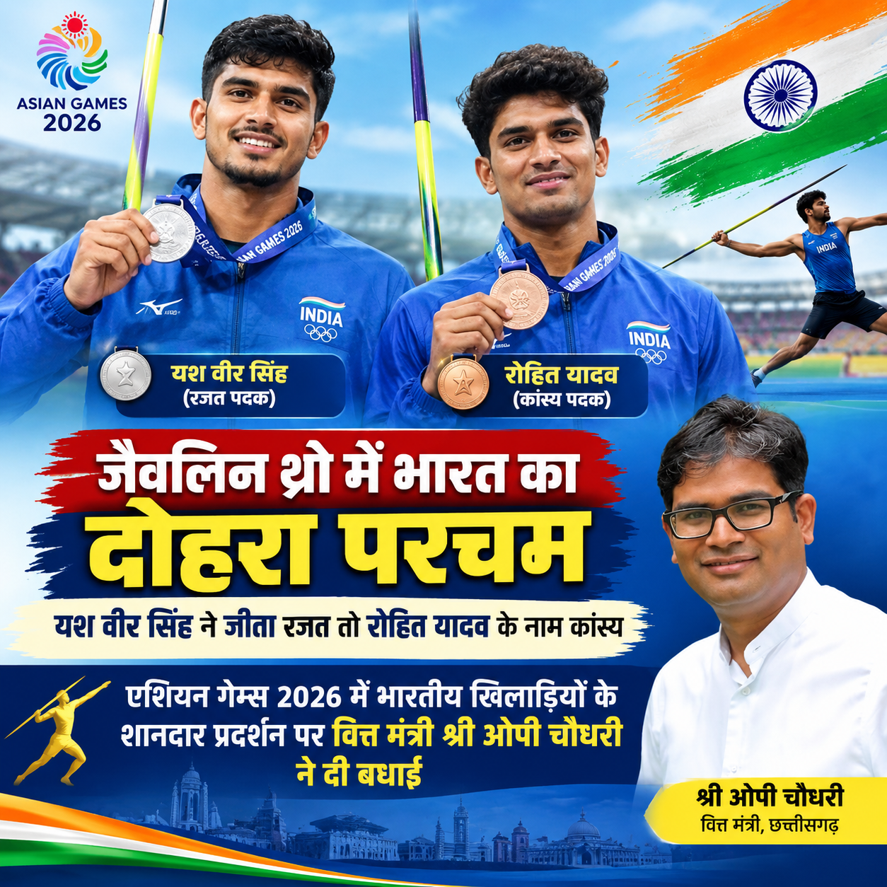 जैवलिन थ्रो में भारत का दोहरा परचम, यश वीर सिंह ने जीता रजत तो रोहित यादव के नाम कांस्य