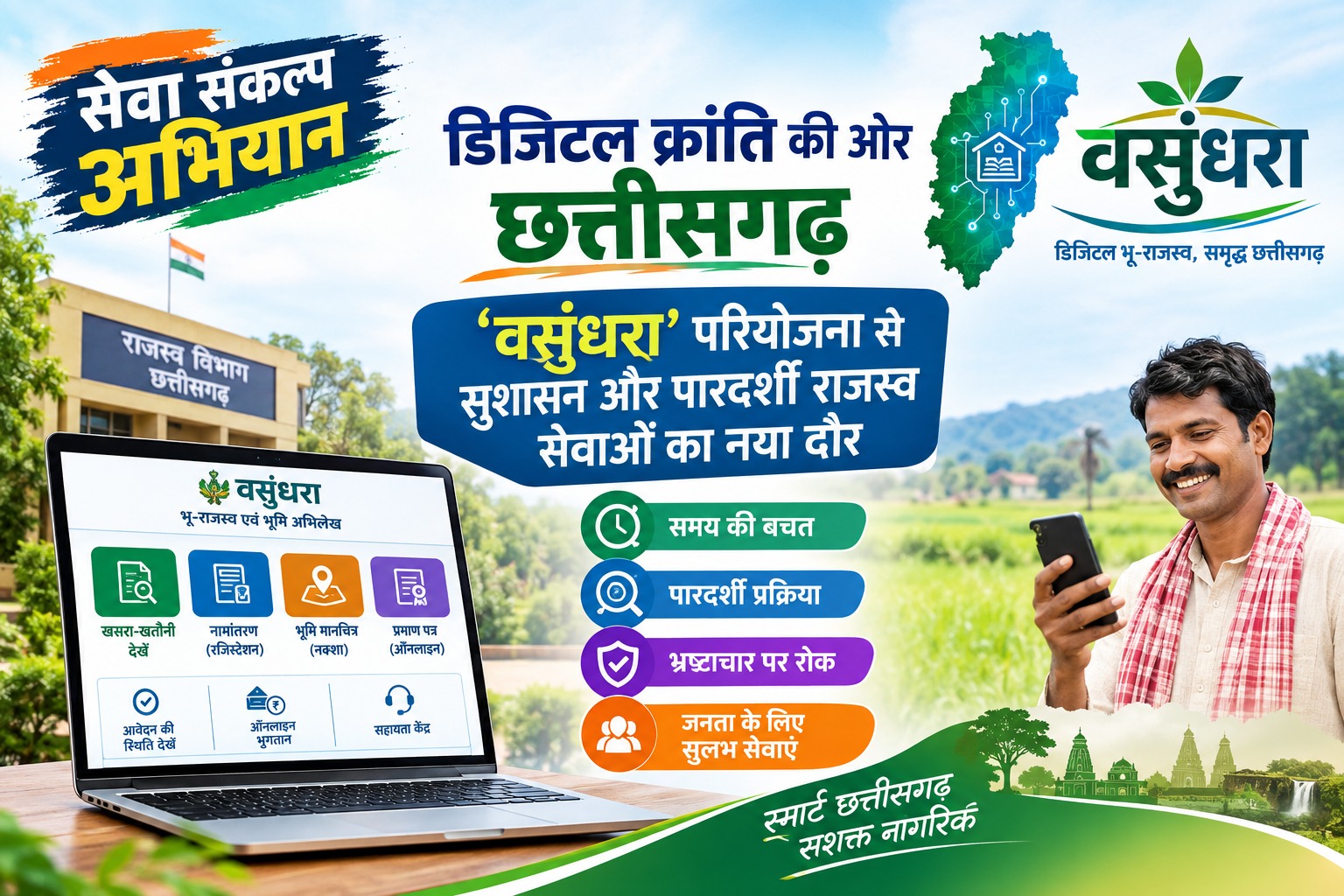 विशेष लेख : ‘सेवा संकल्प अभियान’ : डिजिटल क्रांति की ओर छत्तीसगढ़: ‘वसुंधरा’ परियोजना से सुशासन और पारदर्शी राजस्व सेवाओं का नया दौर