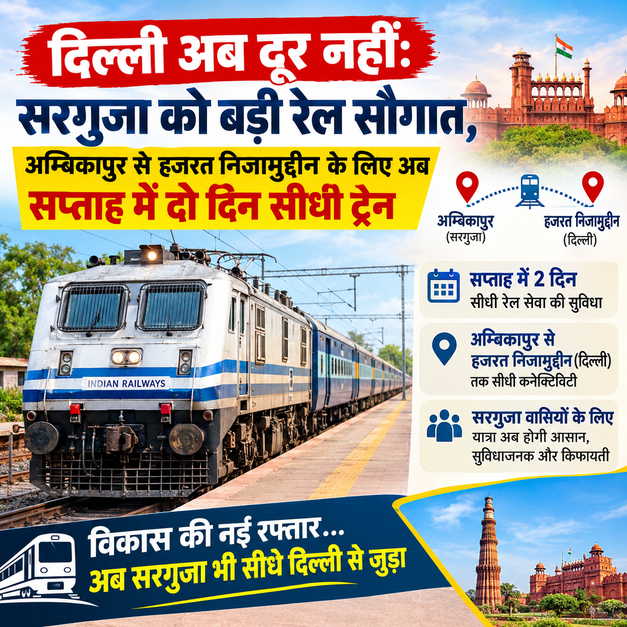 दिल्ली अब दूर नहीं: सरगुजा को बड़ी रेल सौगात, अम्बिकापुर से हजरत निजामुद्दीन के लिए अब सप्ताह में दो दिन सीधी ट्रेन